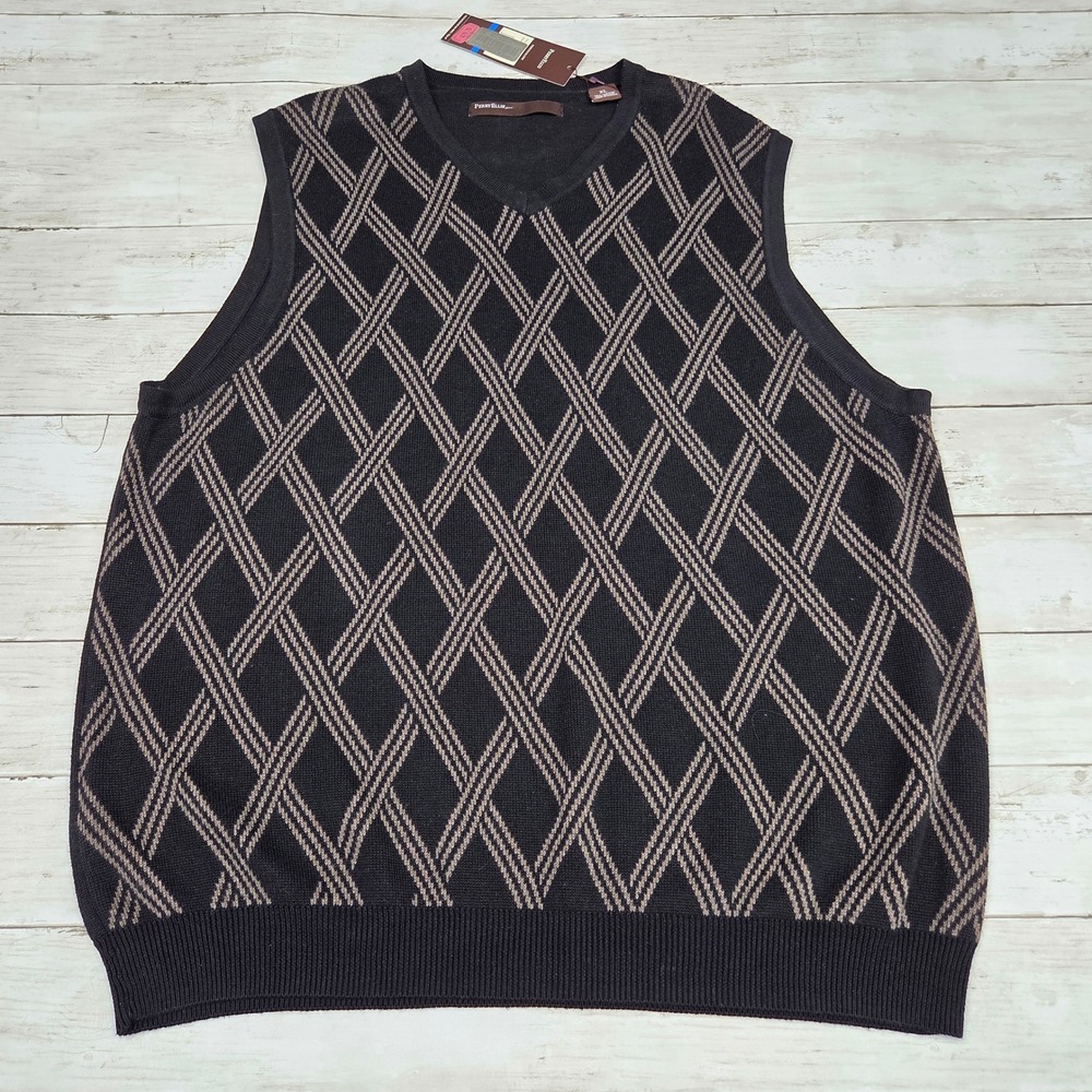 Perry Ellis Mens XL Black Tan Geometric Diamond V-Neck Sweater Vest 47FG3237PS